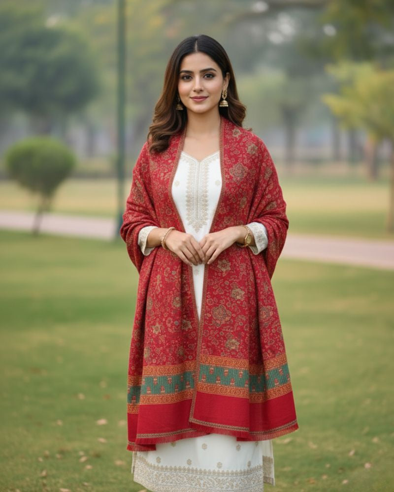 KRITI Floral Design Warm Woolen Maroon Color Shawl for Women