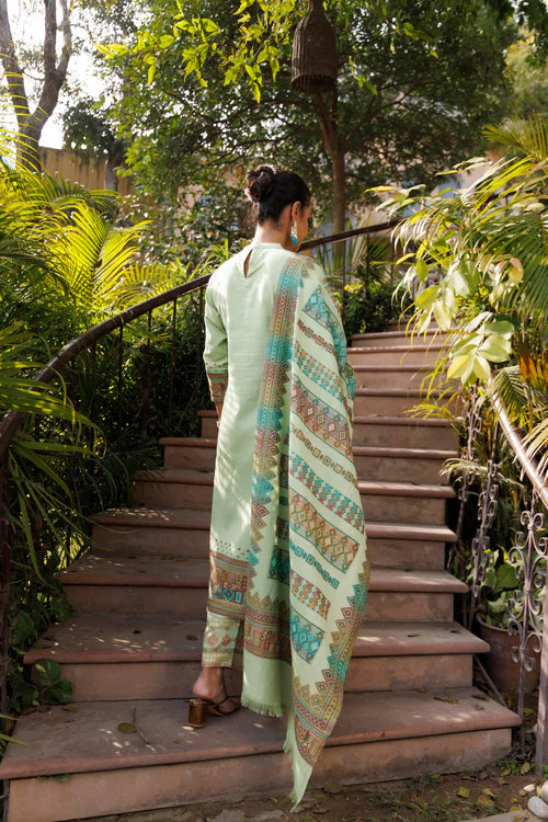Cotton Silk Collar Pant Suit 3 Pcs- Light Green