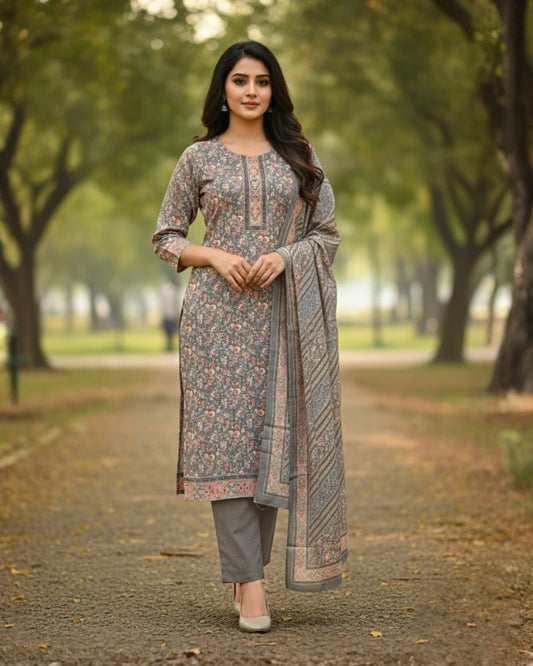 KRITI Winter Woolen Digital Print Stitched Suit Grey Color For Women