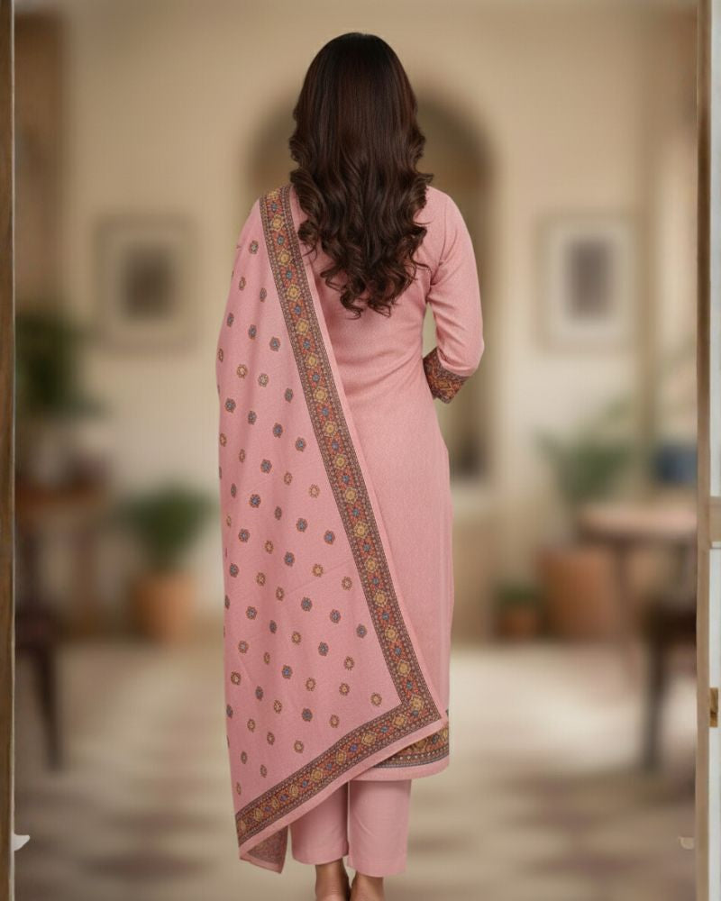 KRITI Women's Digital Print Woolen Pink Color Unstitched Fabric Suit Set Winterwear