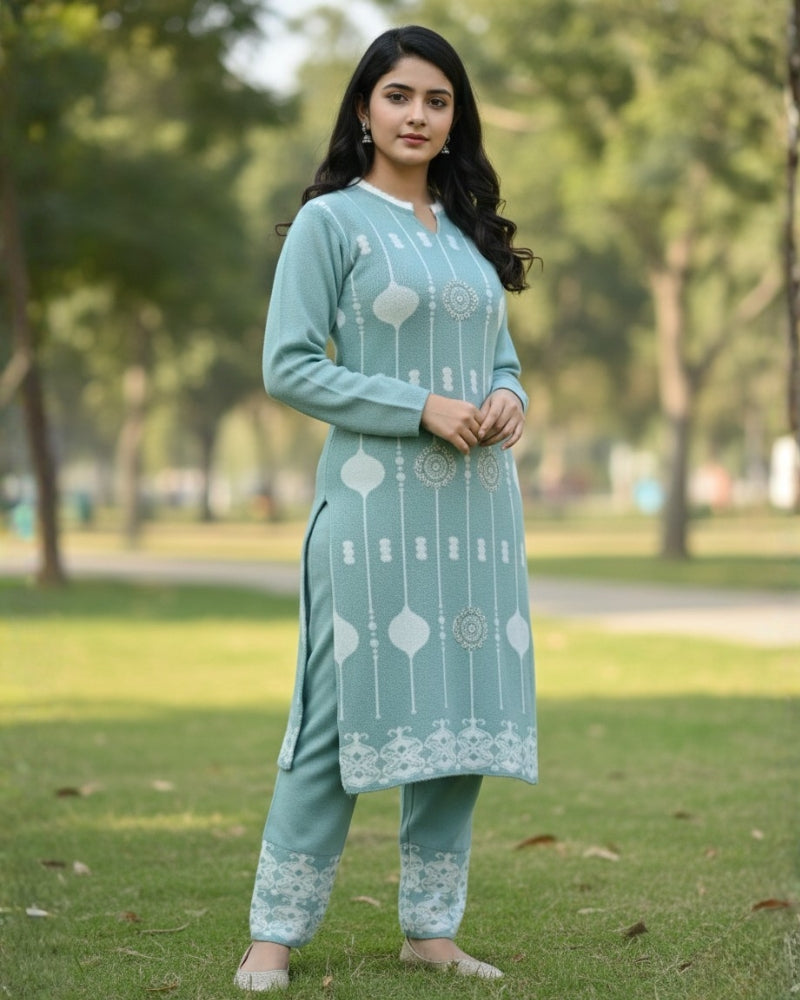 KRITI Wool Blend 3-Piece Embroidered  Kurti Set for Women | Warm Knitted Kurti Lower & Stole Dupatta | Winter Indian Ethnic Wear Suit | M to XXL |