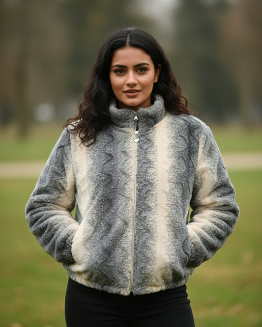 KRITI Women’s Premium Wool Blend Faux Fur Grey Peach Color Winter Jacket