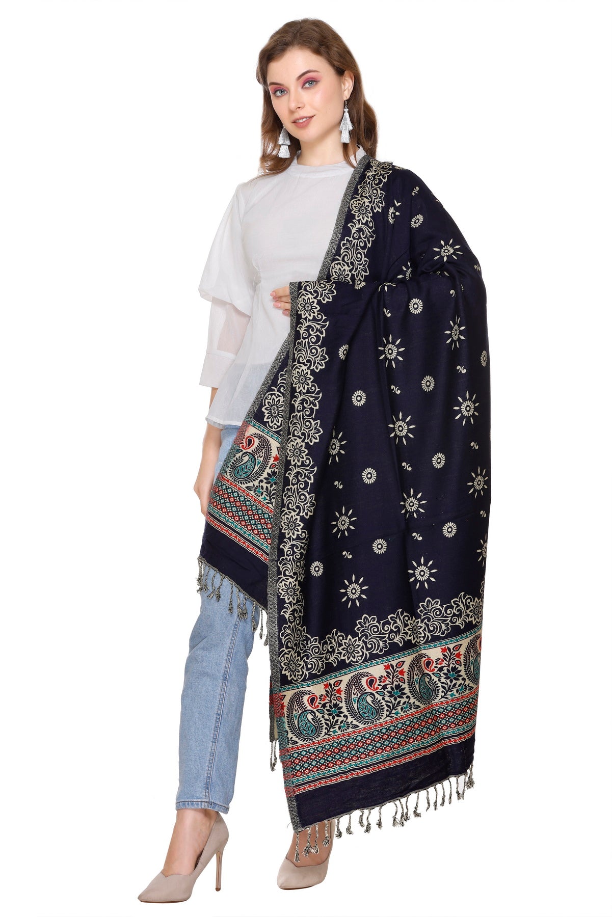 KRITI Navy Blue Wool Blend Shawl For Women.