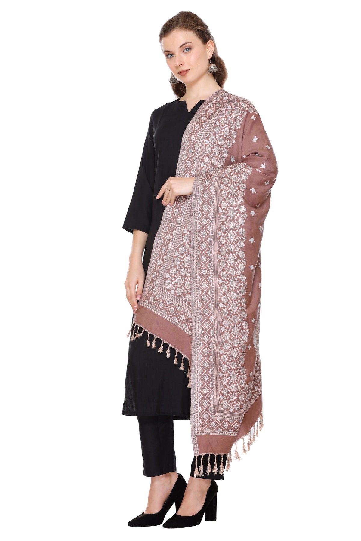 Floral Designer Woollen Stole - Brown