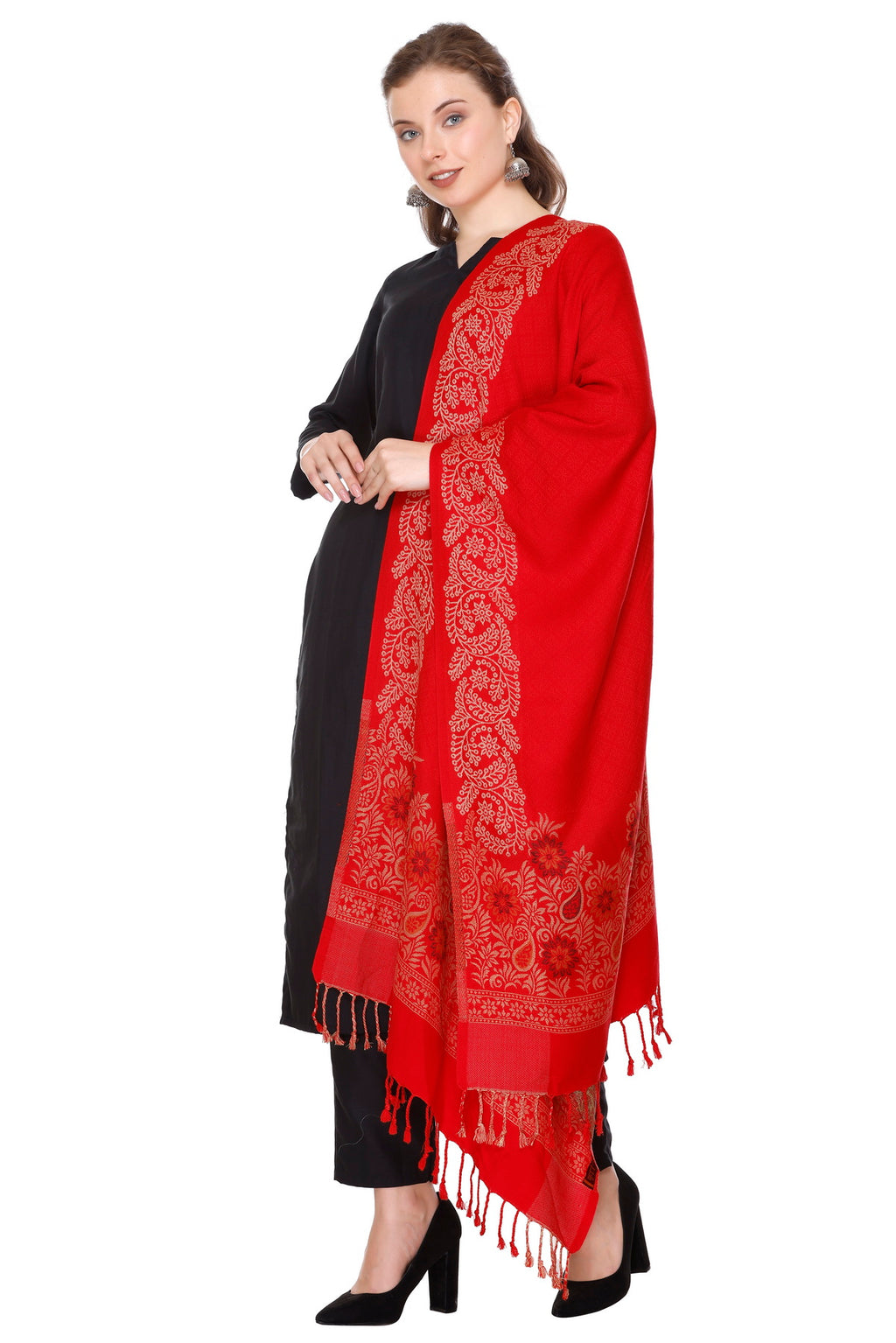 Floral Border Woollen Stole - Red
