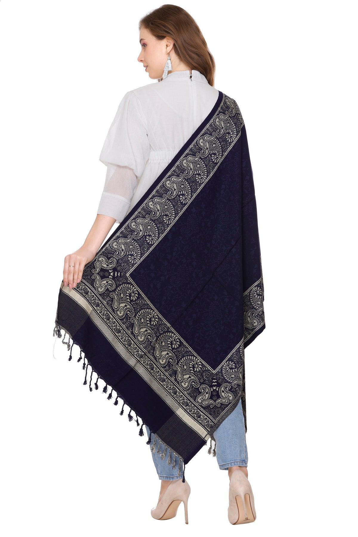 Navy Blue Designer Jacquard Border Stole