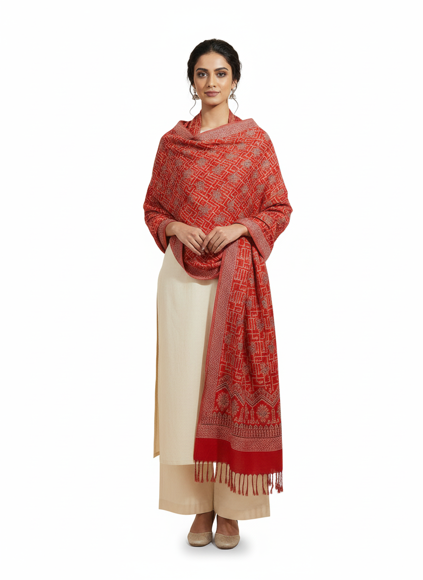 Border Design Woolen Winter Stole - Red