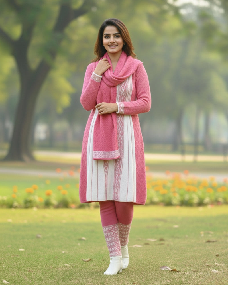 Full Sleeve Knee Length Hair Wool Fabric Pink Color 3 PC Kurti Set For Women
