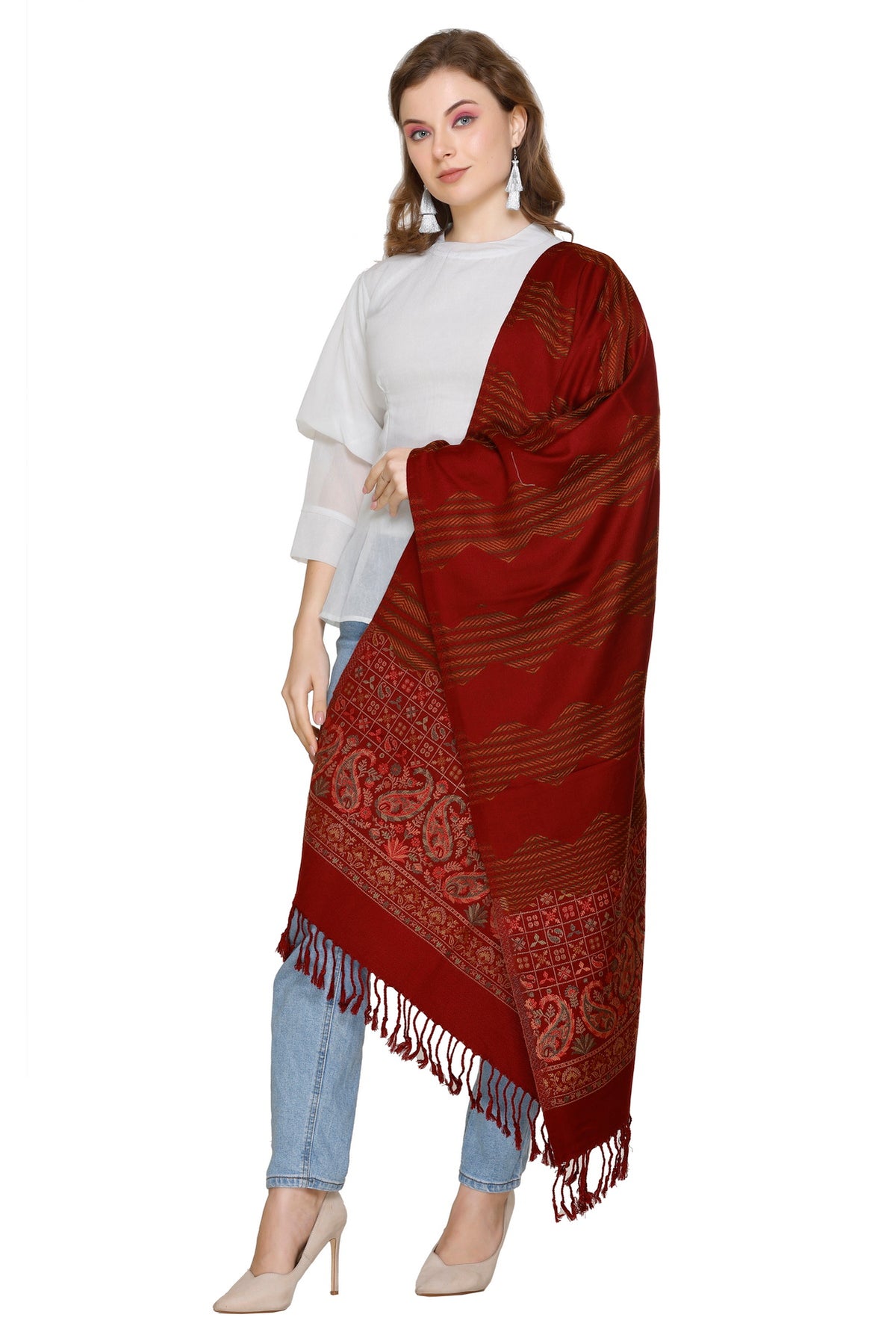 Paisley Designer Woollen Stole - Maroon
