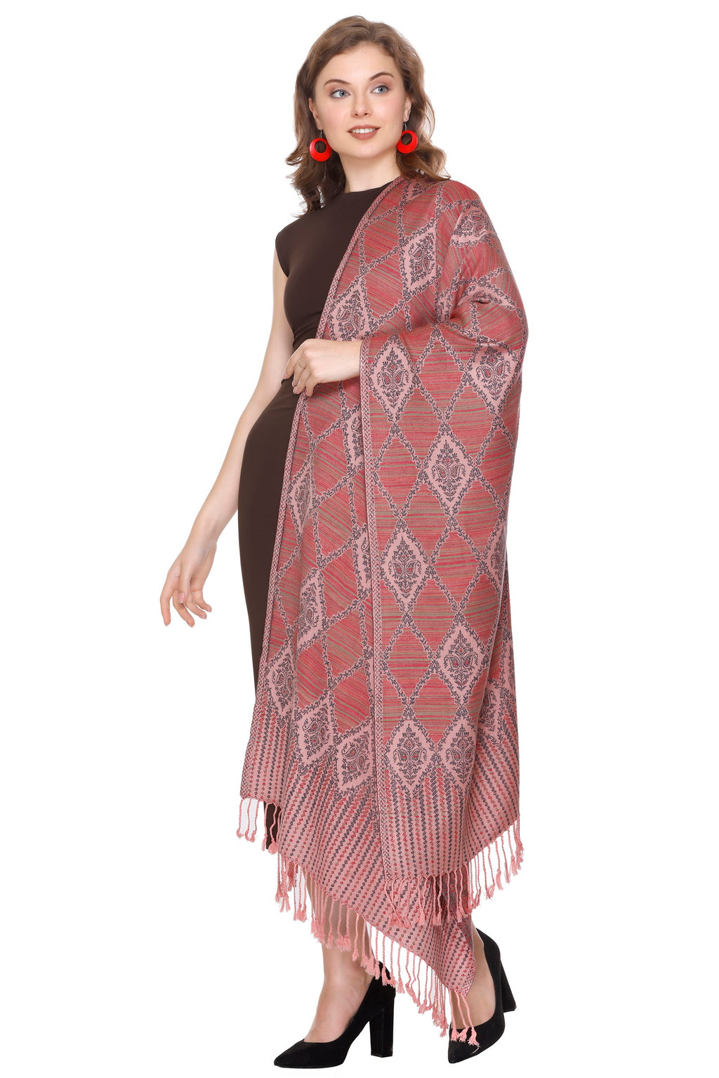 Diamond Design Woollen Stole - Peach