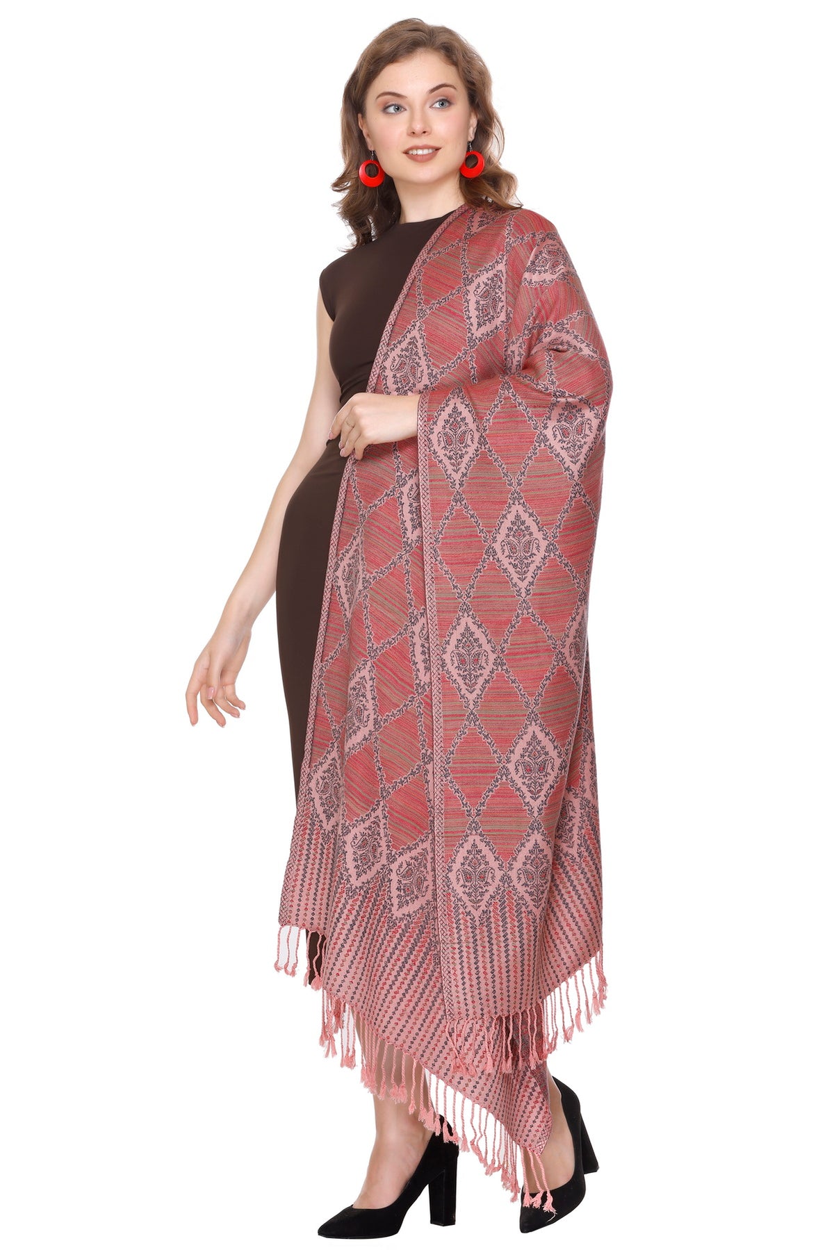 Diamond Design Woollen Stole - Peach