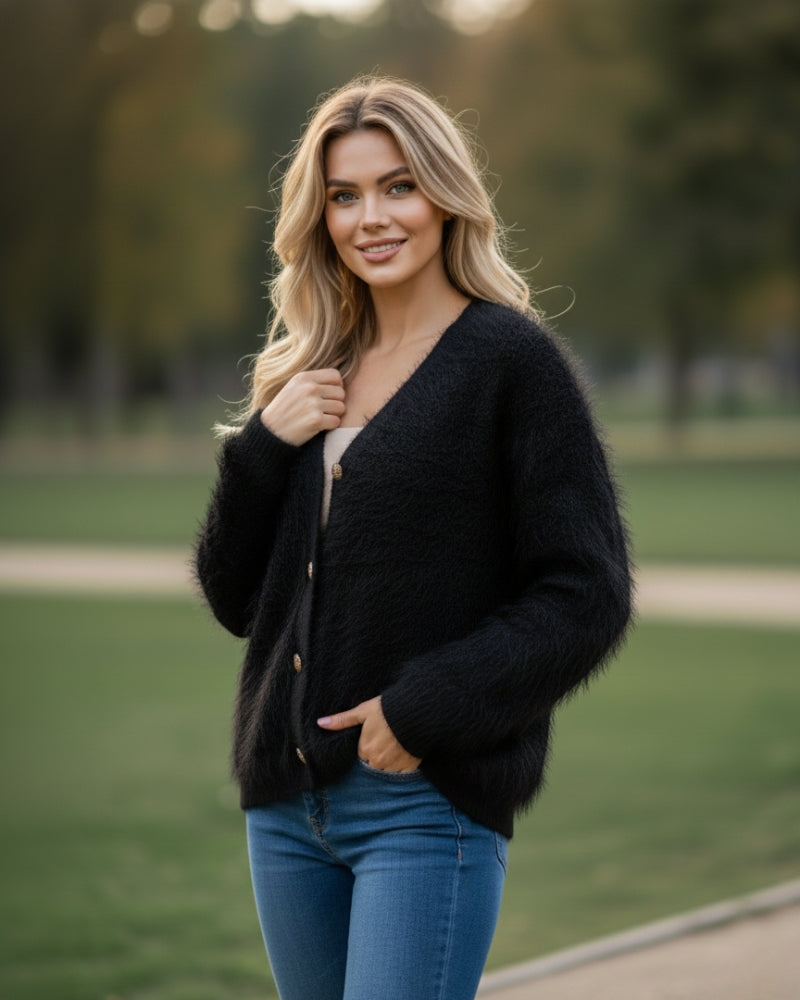 Women's Open Front Woolen Fluffy Top | Black Oversized Fuzzy Shaggy Top | Long Sleeve & Loose Fit