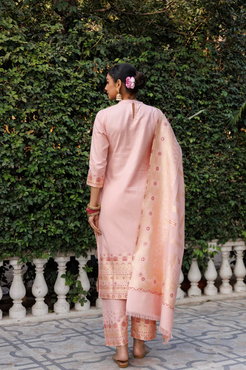 Cotton Silk Collar Pant Unstitched Suit 3 Pcs- Peach