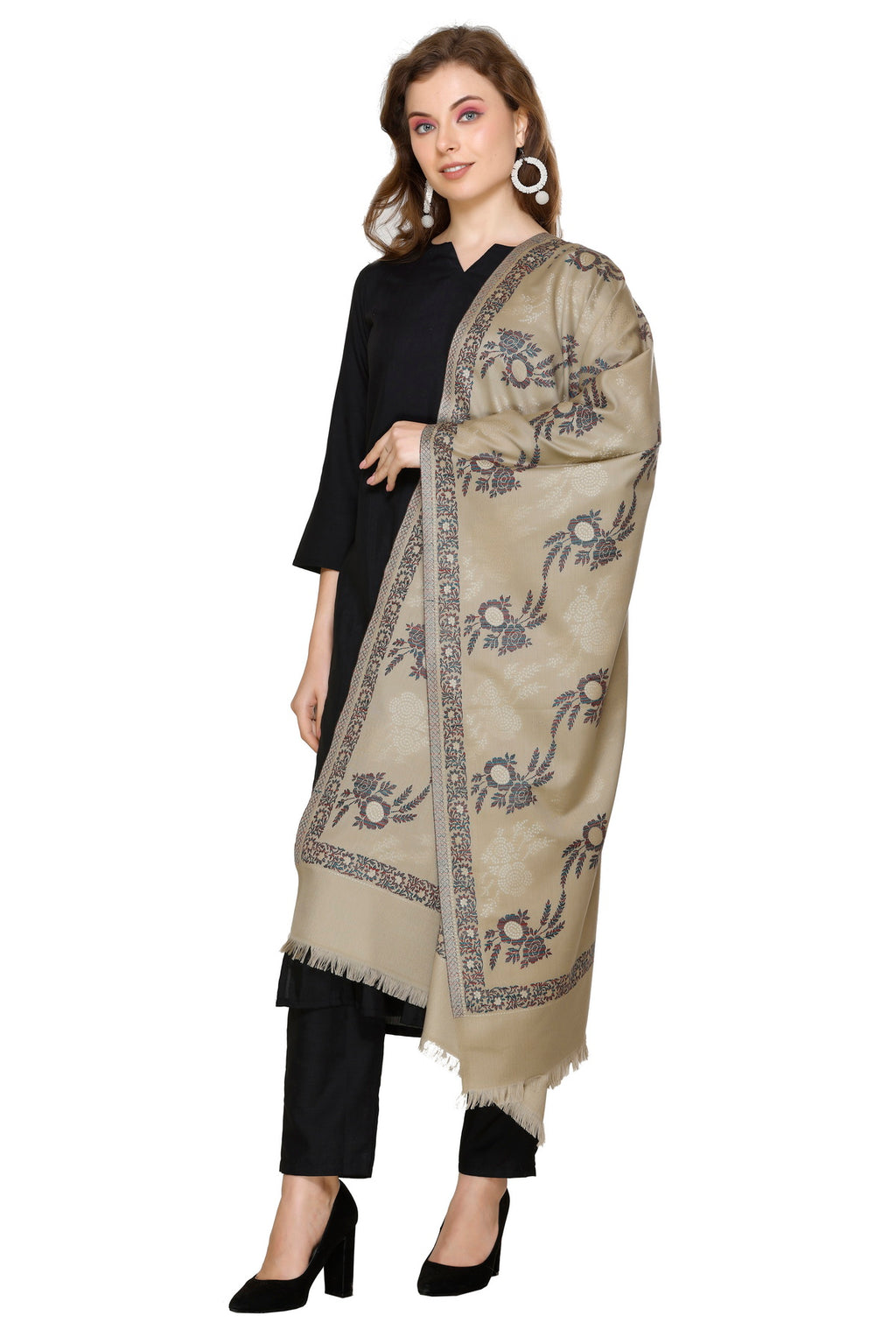 Floral Pattern Woollen Stole - Camel