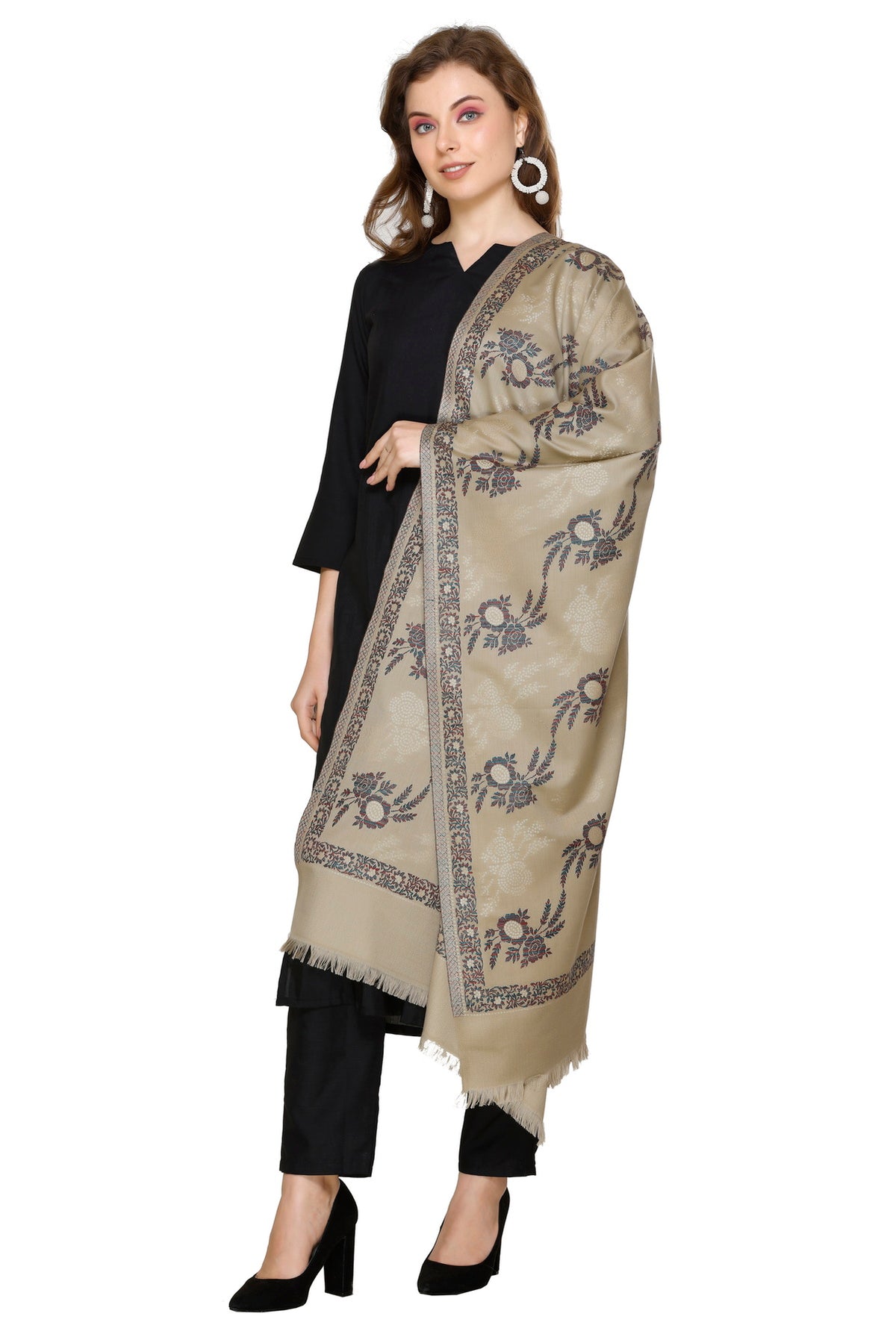 Floral Pattern Woollen Stole - Camel