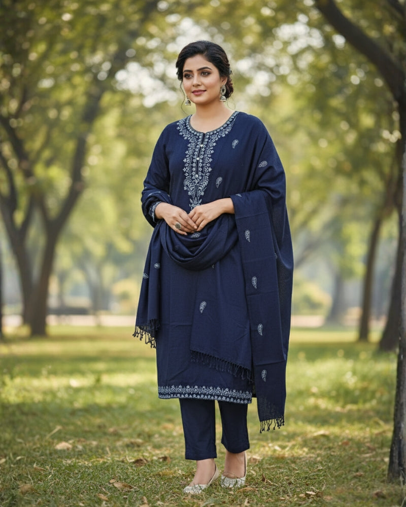 कृति ऊनी कढ़ाईदार सिले सूट नीले रंग में महिलाओं के लिए सर्दियों के लिए