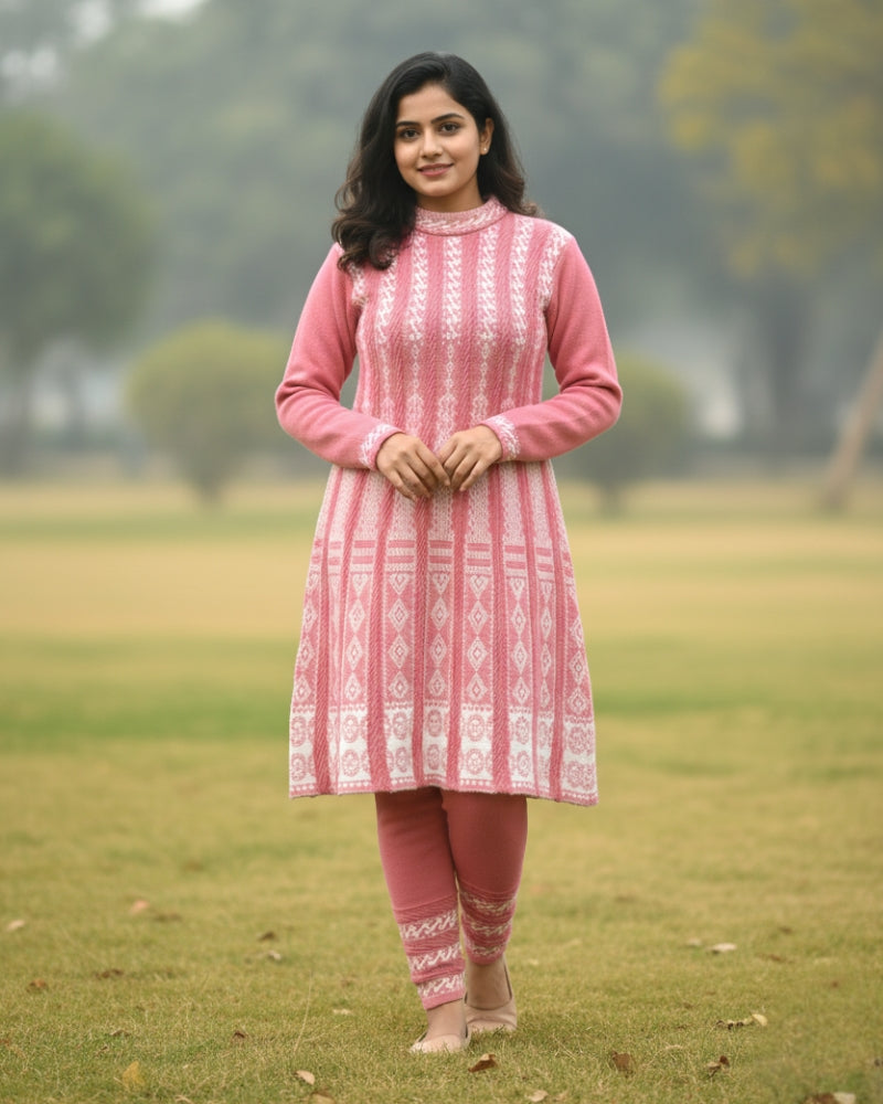 KRITI बुना हुआ ऊनी फ्रॉक कुर्ता सेट | बॉटम वियर के साथ 2-पीस विंटर कुर्ती 