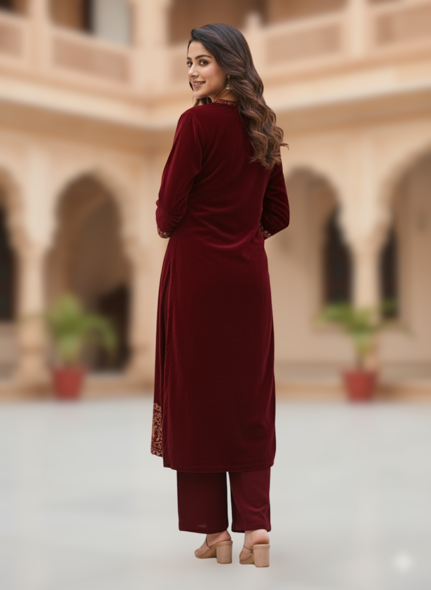 KRITI Winter Velvet 3 Piece Kurti Set Wine Color For Women