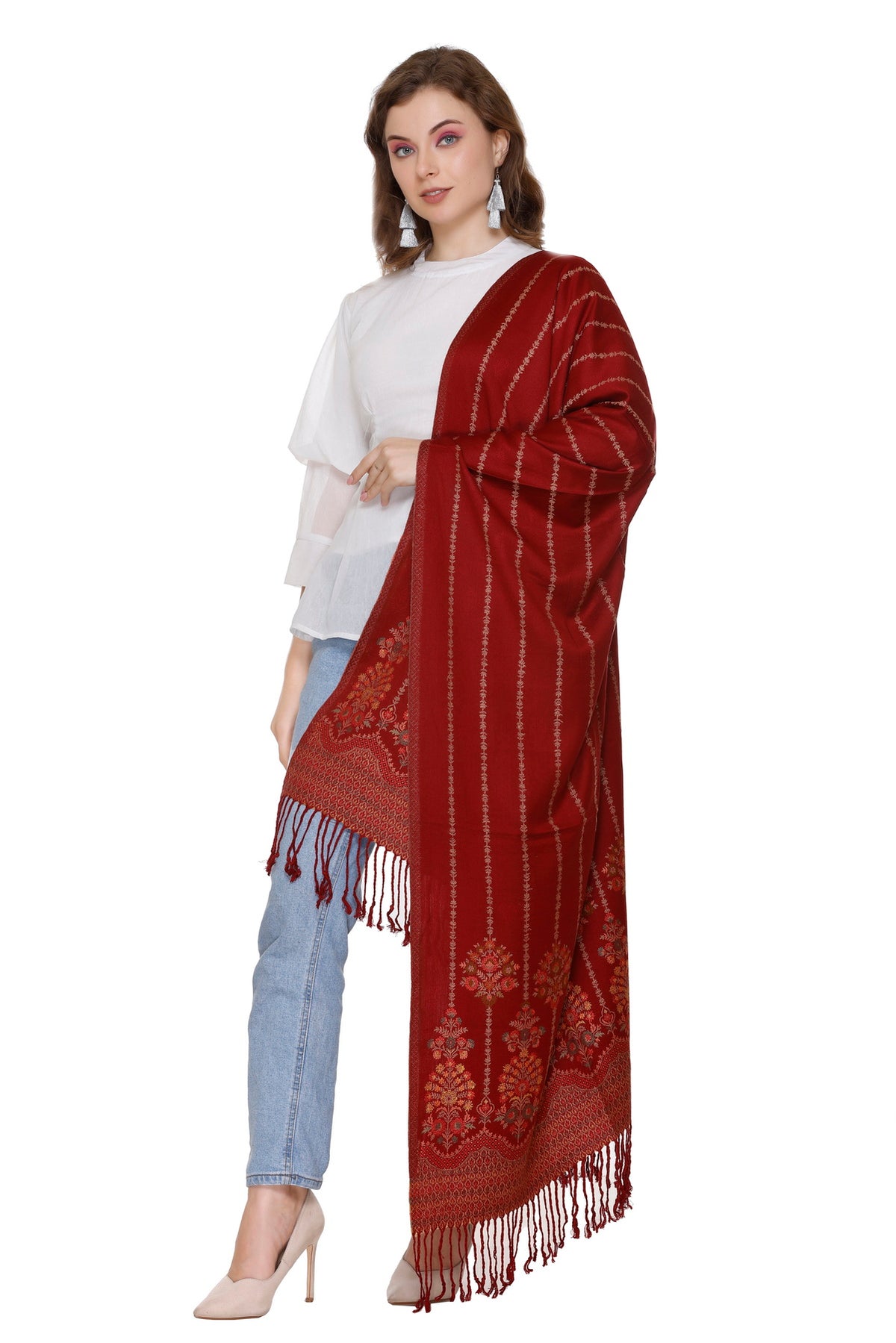 Floral Design Woollen Winter Stole - Maroon