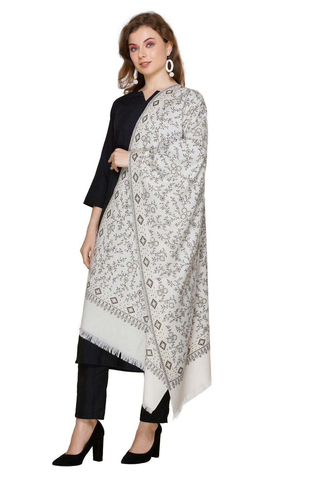 Floral Pattern Woollen Winter Stole - White