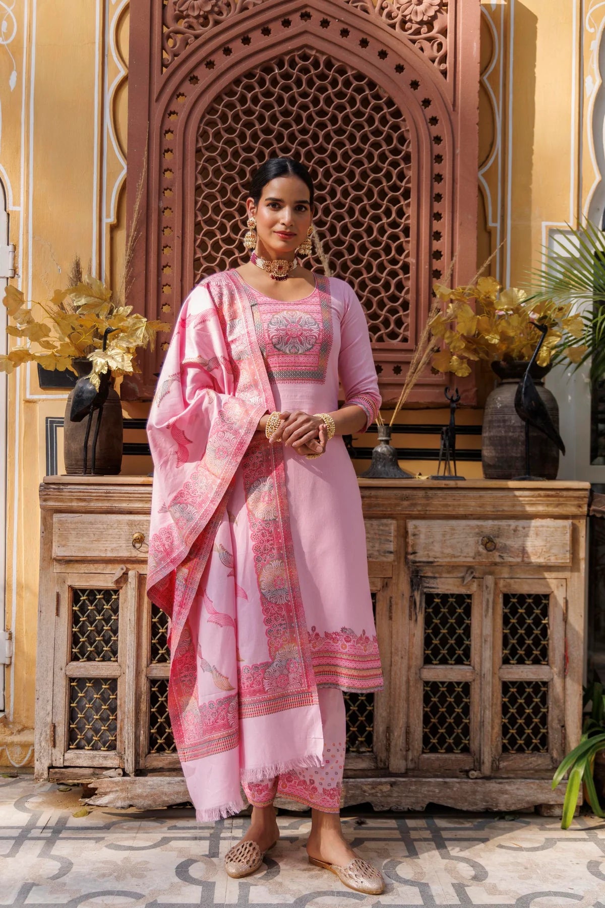 Cotton Silk Pant Suit 3 Pcs- Pink