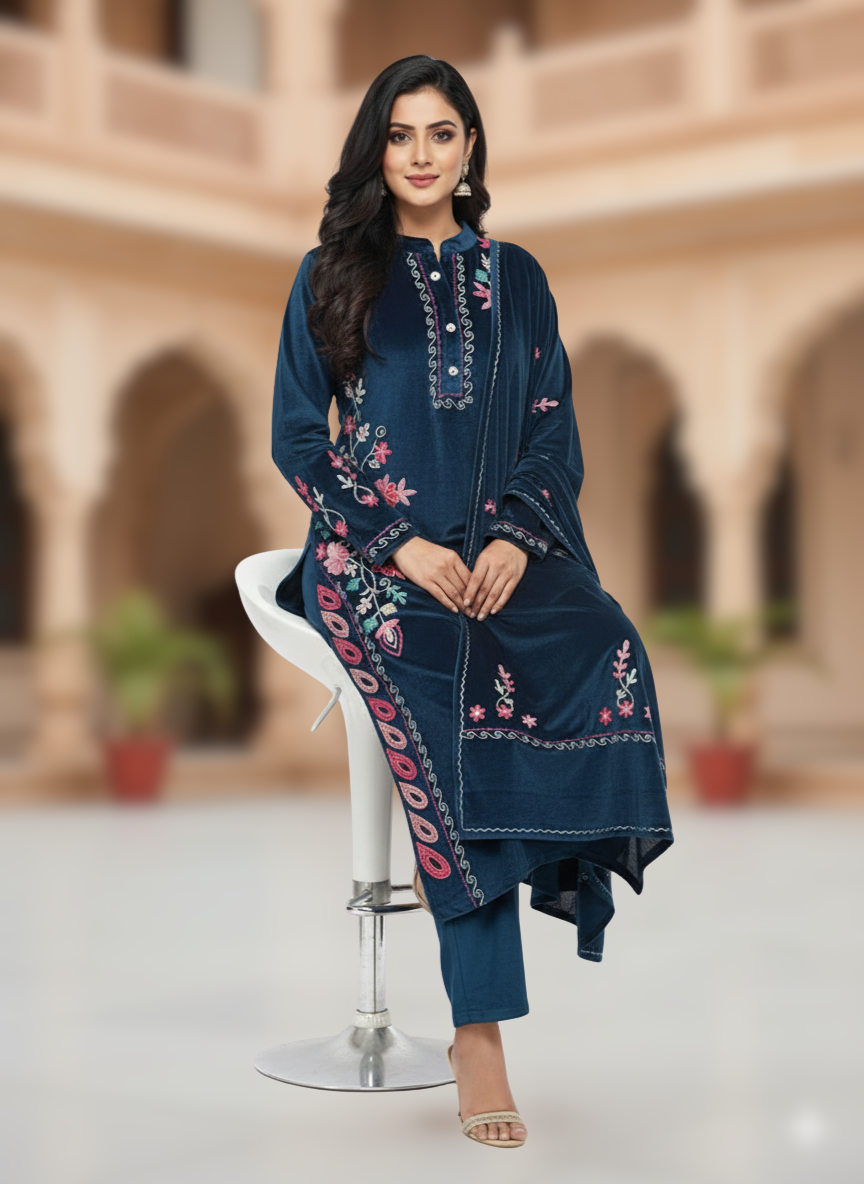 KRITI Winter Velvet 3 Piece Kurti Set Airforce Color For Women