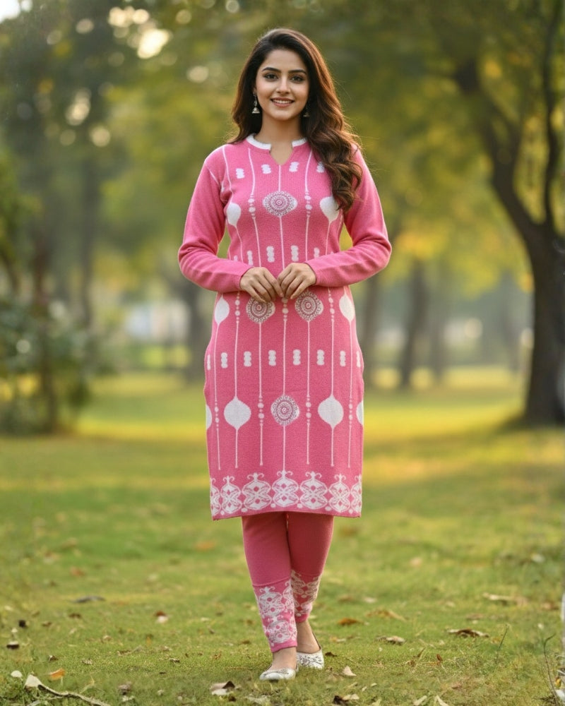 KRITI Wool Blend 3-Piece Embroidered Kurti Set for Women | Warm Knitted Kurti Lower & Stole Dupatta | Winter Indian Ethnic Wear Suit | M to XXL |