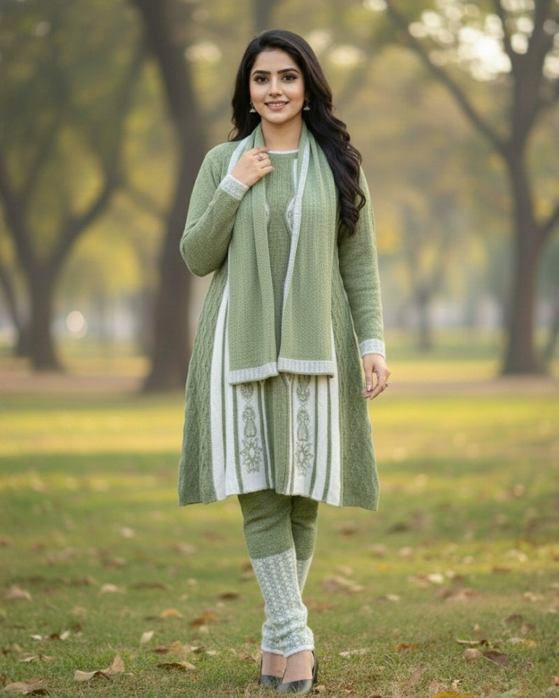 Full Sleeve Knee Length Woolen Fabric Pista Color 3 PC Kurti Set For Women