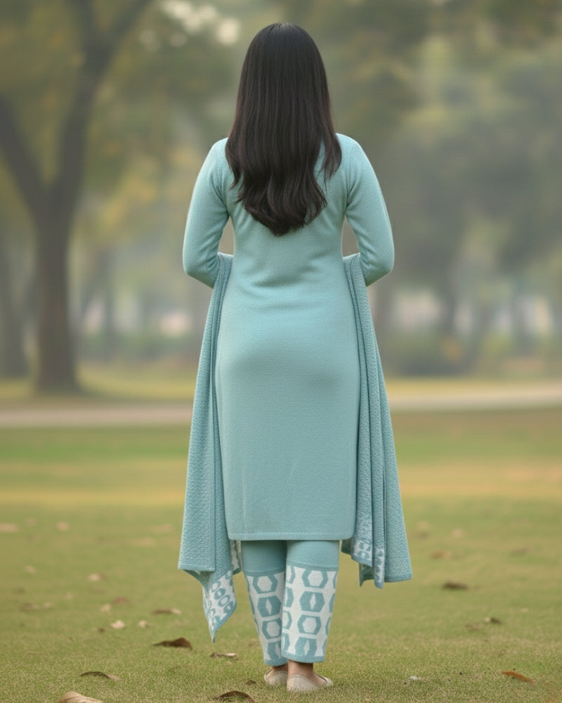 Women's Geometric Print Sea Green Color Woolen Kurti Set  | Warm Winter 3-Piece Suit