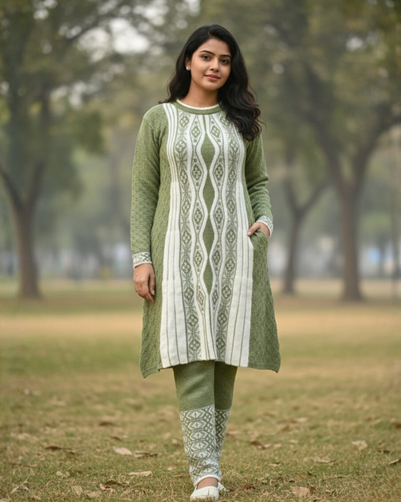 Full Sleeve Knee Length Hair Wool Fabric Pista Color 3 PC Kurti Set For Women