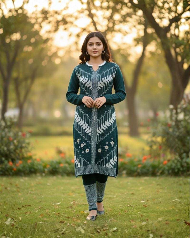 प्रीमियम 3-पीस ऊनी विंटर कुर्ती सेट | बॉटम और स्टोल के साथ बुना हुआ कुर्ता | M-XXL साइज़