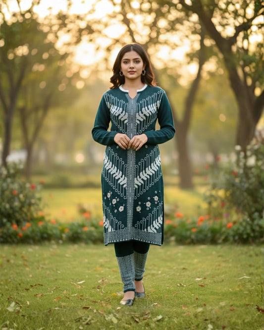 प्रीमियम 3-पीस ऊनी विंटर कुर्ती सेट | बॉटम और स्टोल के साथ बुना हुआ कुर्ता | M-XXL साइज़