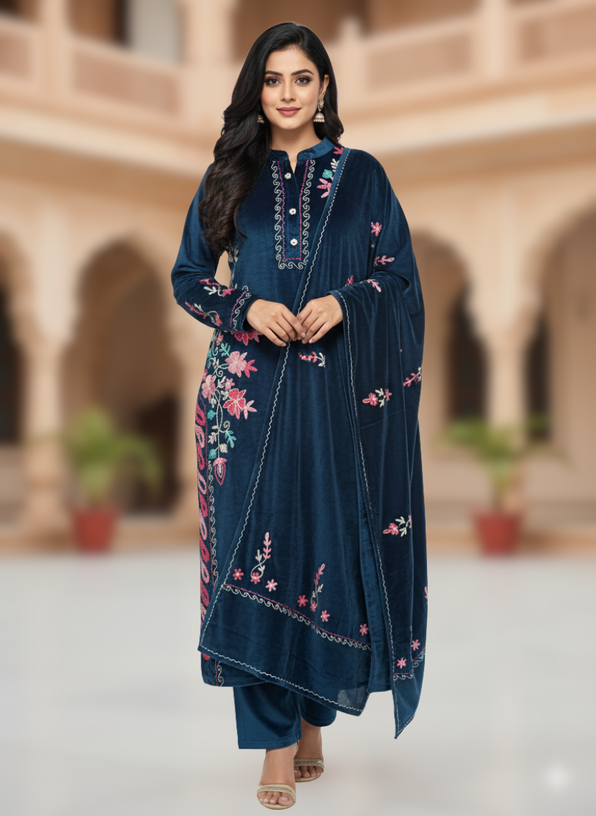 KRITI Winter Velvet 3 Piece Kurti Set Airforce Color For Women