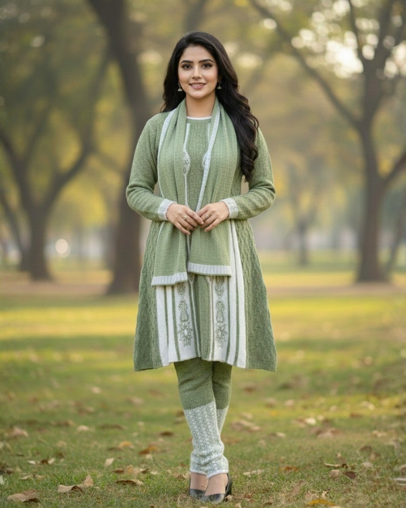 Full Sleeve Knee Length Woolen Fabric Pista Color 3 PC Kurti Set For Women