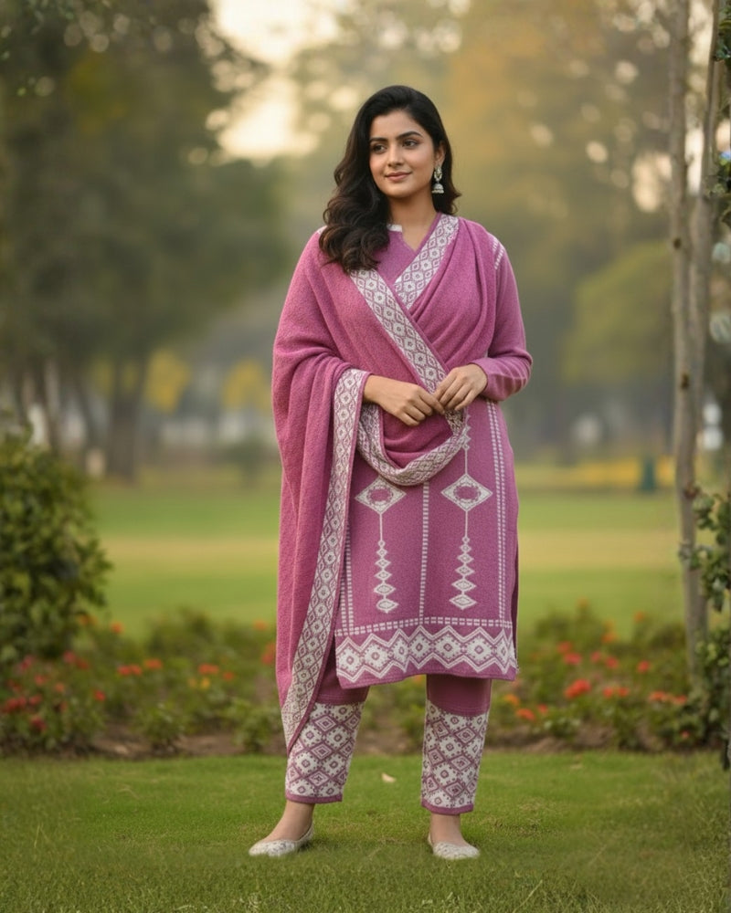 प्रीमियम 3-पीस ऊनी विंटर कुर्ती सेट | बॉटम और स्टोल के साथ बुना हुआ कुर्ता | M-XXL साइज़
