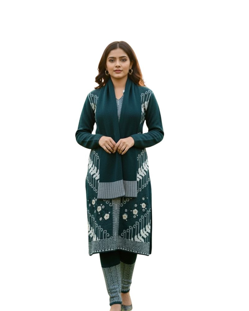 प्रीमियम 3-पीस ऊनी विंटर कुर्ती सेट | बॉटम और स्टोल के साथ बुना हुआ कुर्ता | M-XXL साइज़