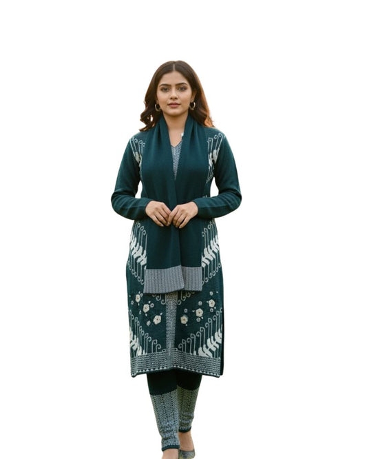प्रीमियम 3-पीस ऊनी विंटर कुर्ती सेट | बॉटम और स्टोल के साथ बुना हुआ कुर्ता | M-XXL साइज़
