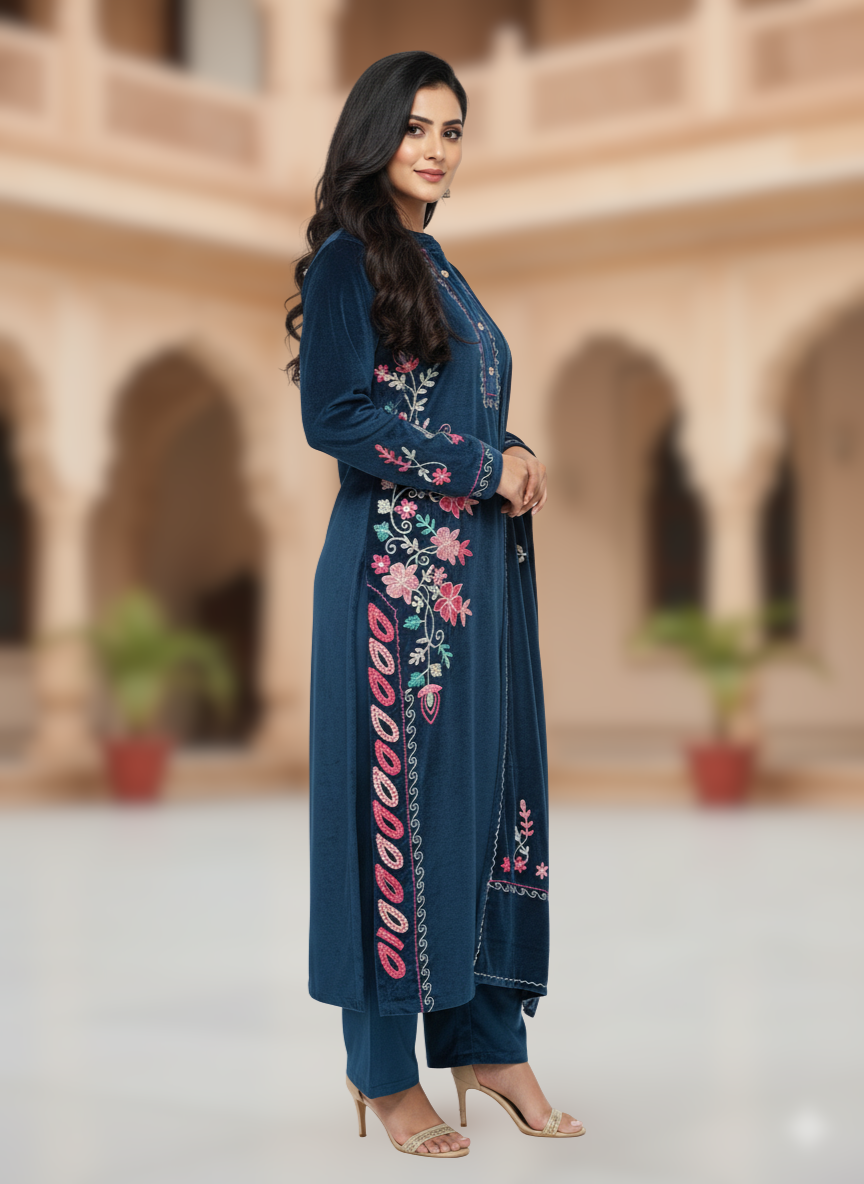 KRITI Winter Velvet 3 Piece Kurti Set Airforce Color For Women