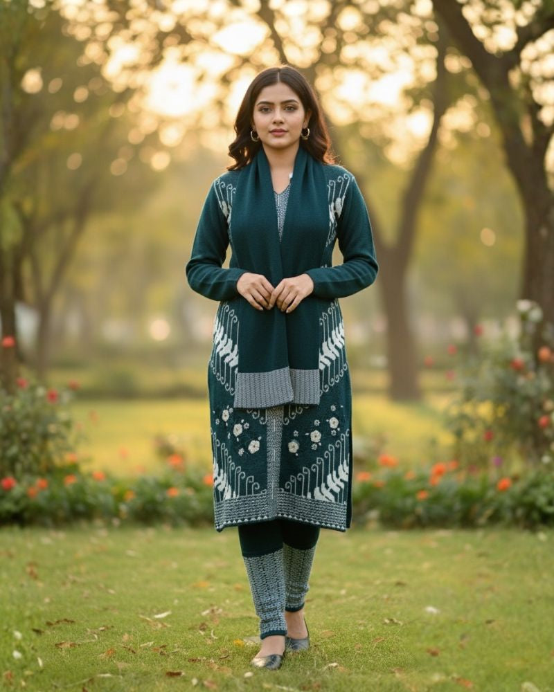 प्रीमियम 3-पीस ऊनी विंटर कुर्ती सेट | बॉटम और स्टोल के साथ बुना हुआ कुर्ता | M-XXL साइज़