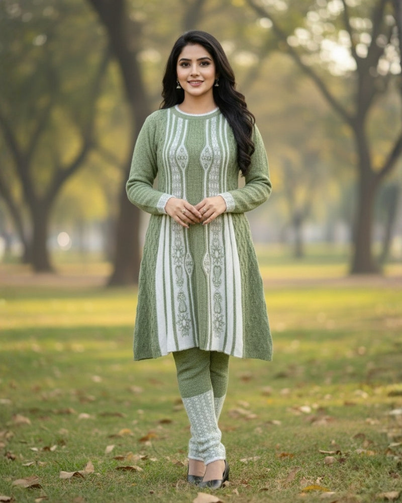 Full Sleeve Knee Length Woolen Fabric Pista Color 3 PC Kurti Set For Women