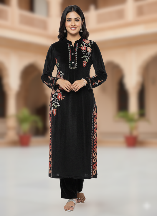 KRITI Winter Velvet 3 Piece Kurti Set Black Color For Women