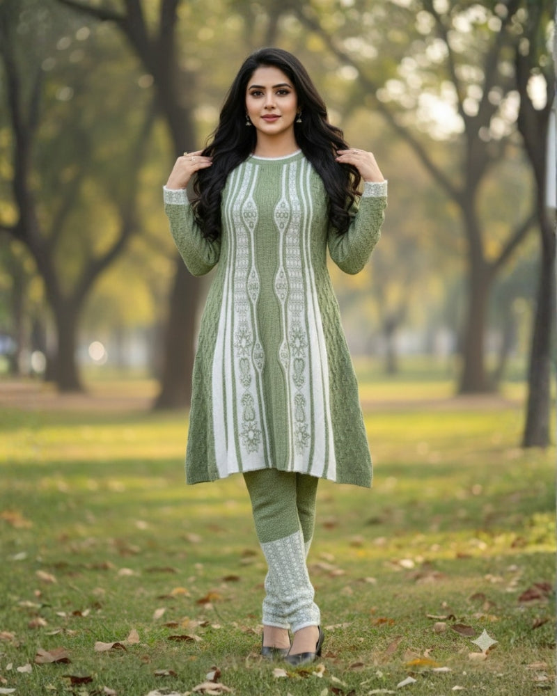 Full Sleeve Knee Length Woolen Fabric Pista Color 3 PC Kurti Set For Women
