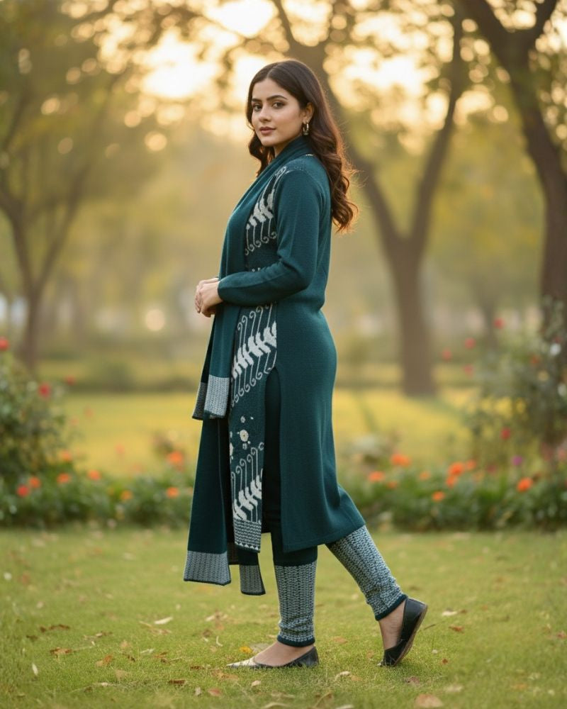 प्रीमियम 3-पीस ऊनी विंटर कुर्ती सेट | बॉटम और स्टोल के साथ बुना हुआ कुर्ता | M-XXL साइज़
