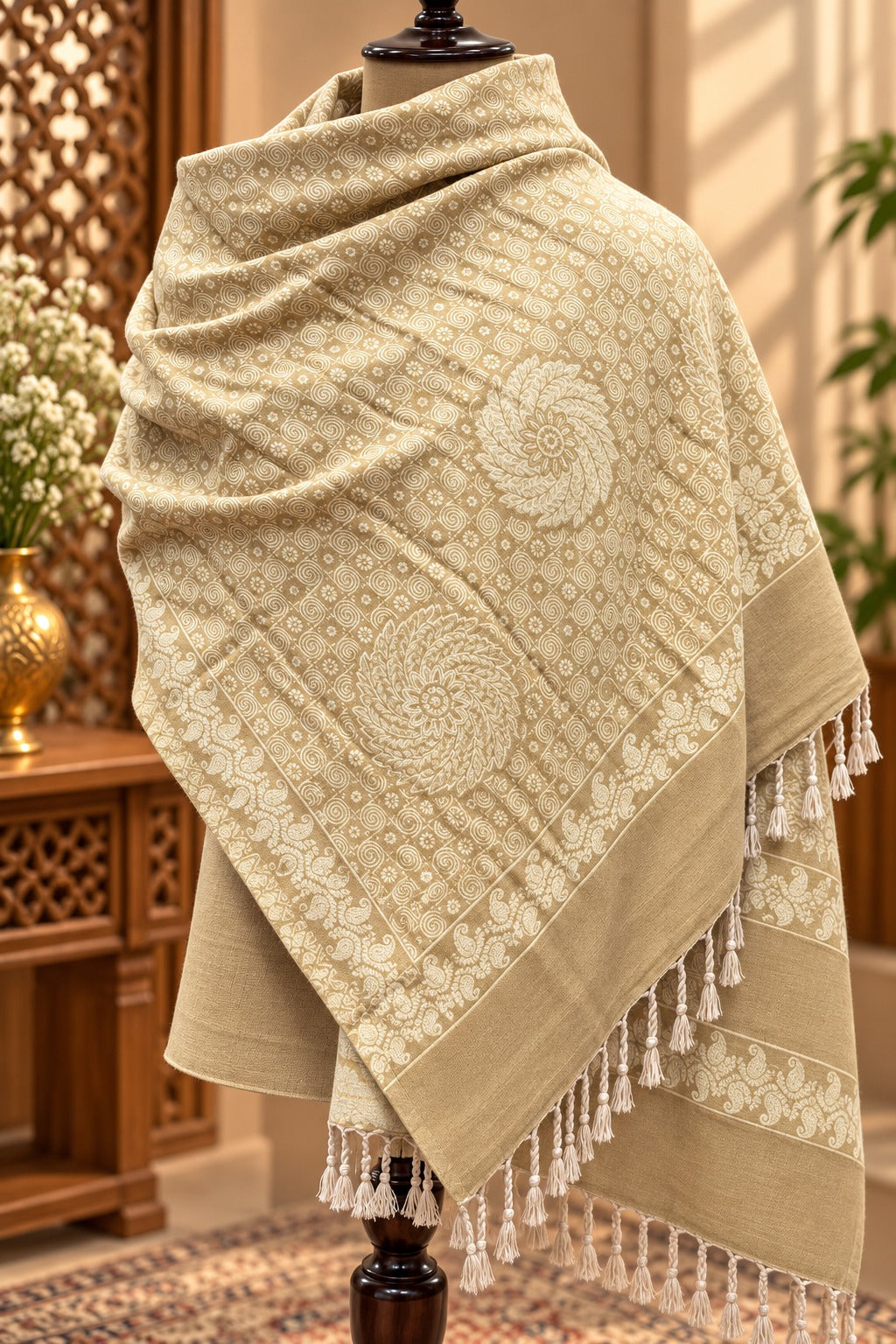 Designer Reversible Stole With Zari Work - Camel