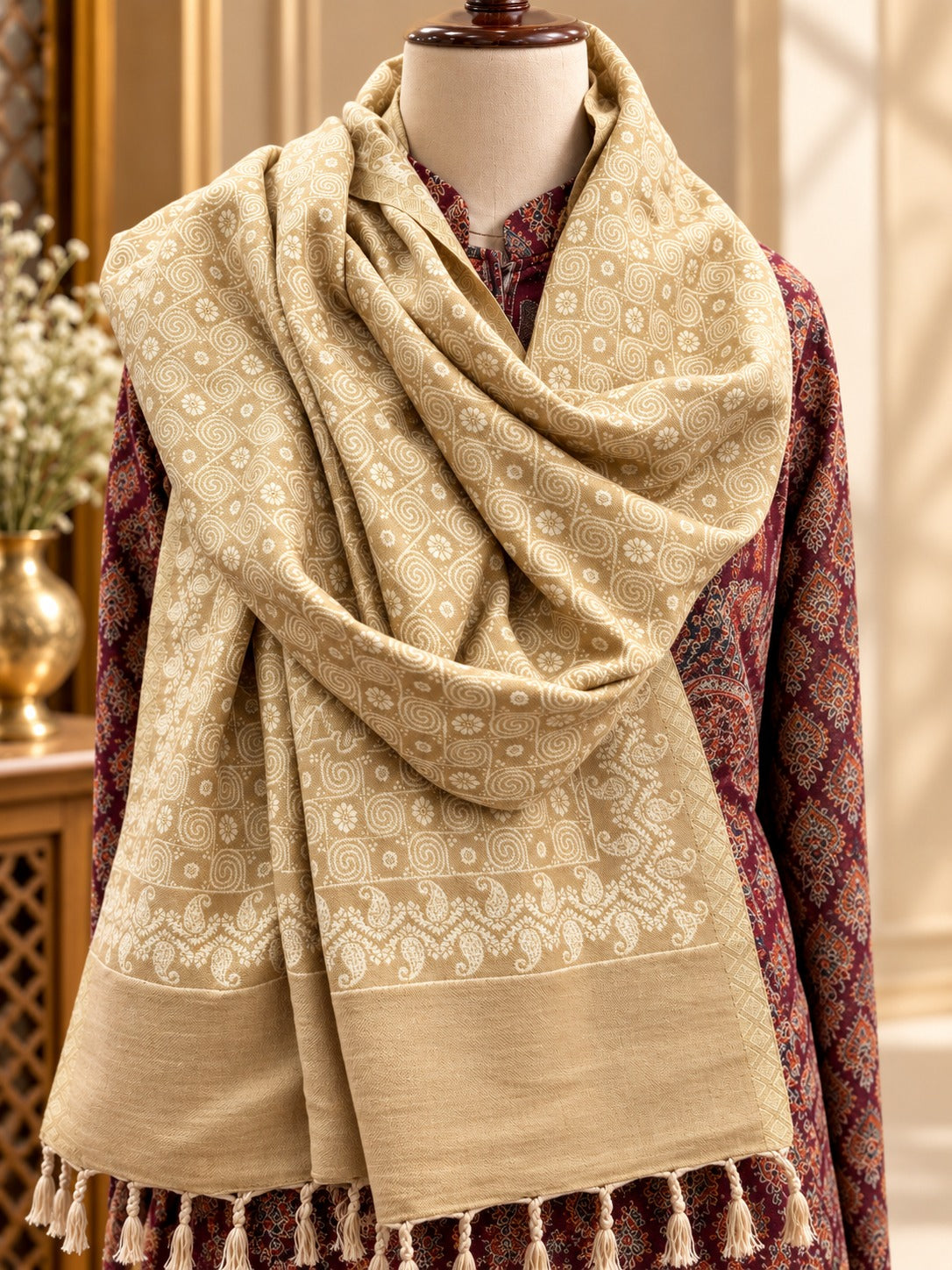 Designer Reversible Stole With Zari Work - Camel
