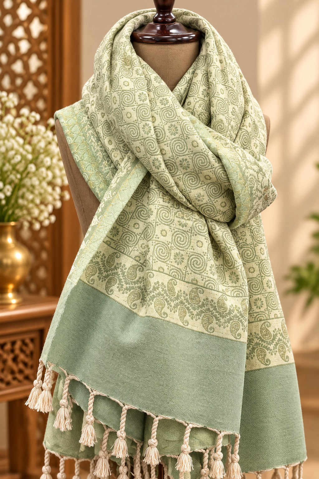 Designer Reversible Stole With Zari Work - Pista