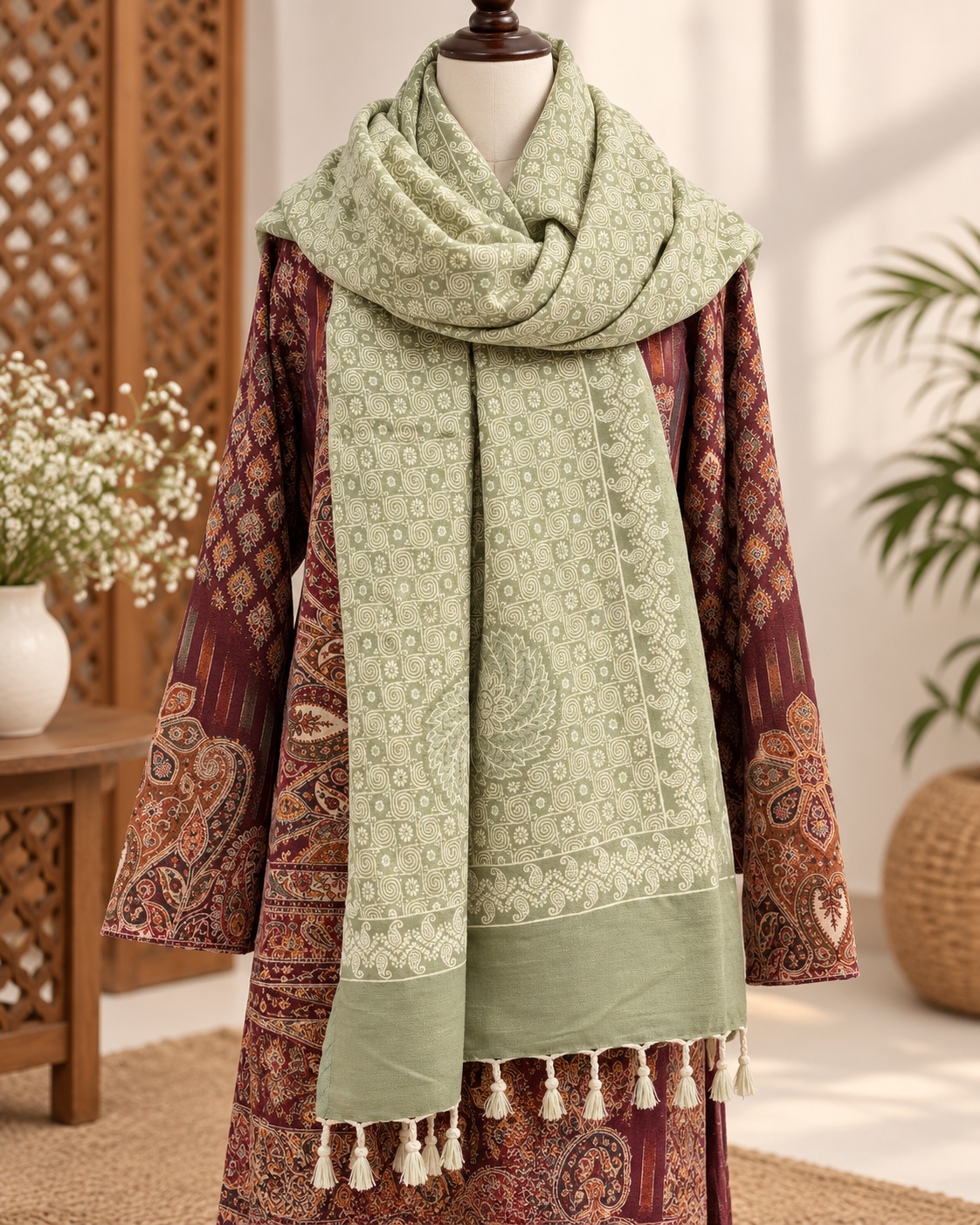 Designer Reversible Stole With Zari Work - Pista