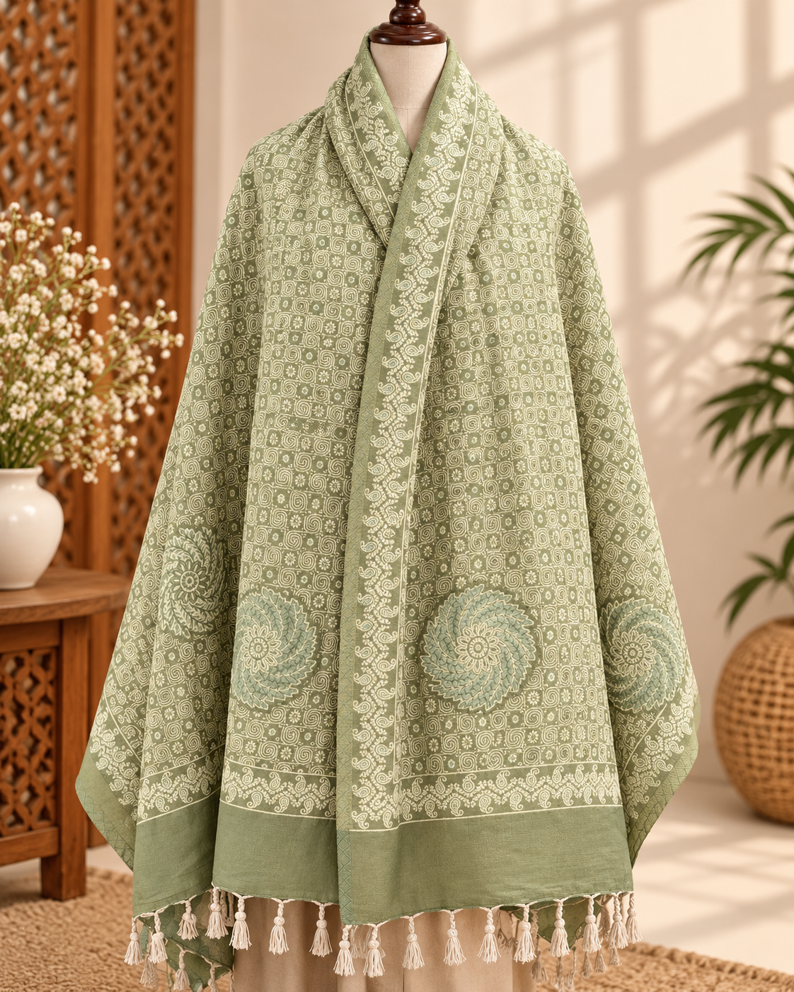 Designer Reversible Stole With Zari Work - Pista