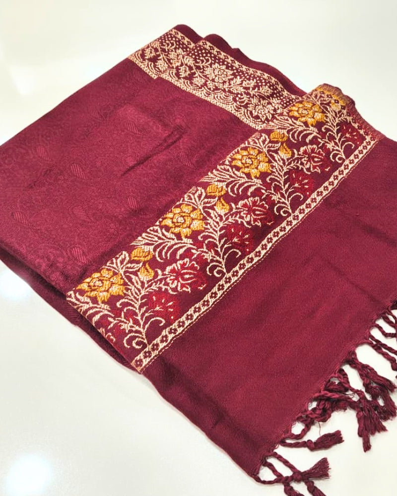 Kashmiri Wool Shawl with Floral Jacquard Border- Maroon