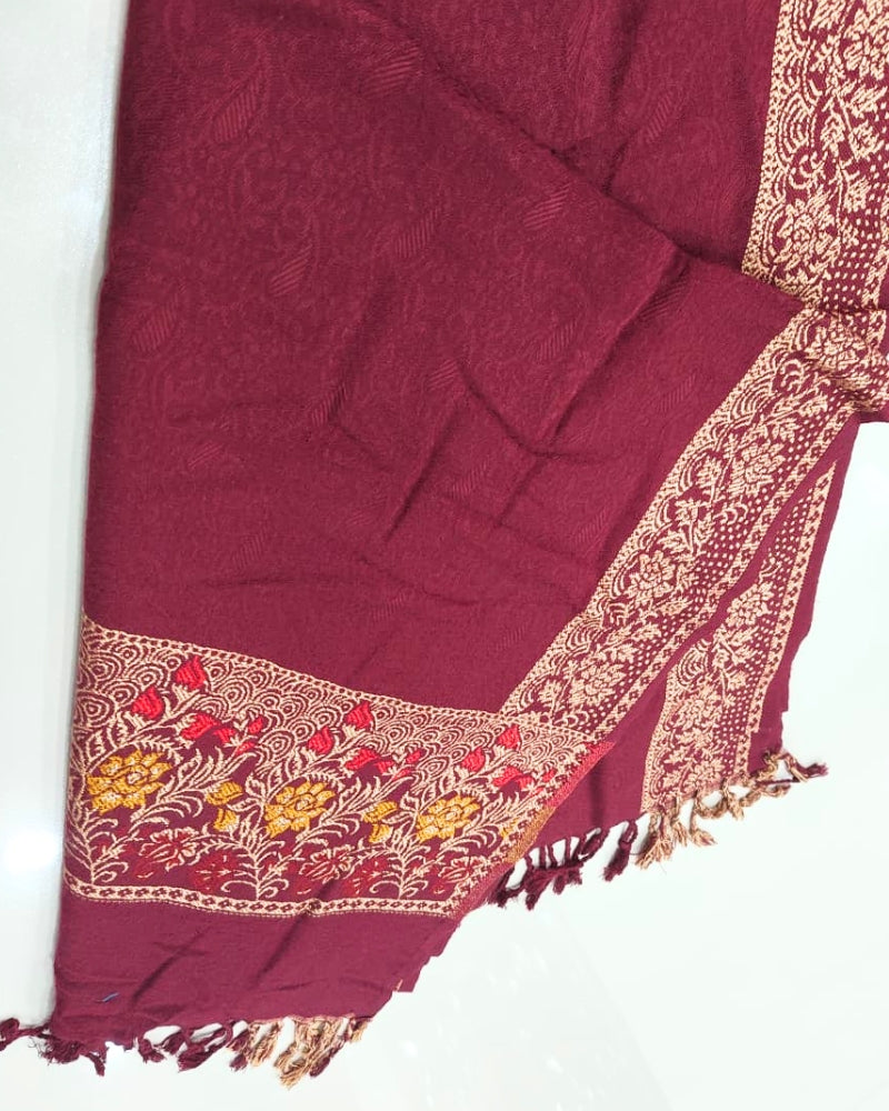 Kashmiri Wool Shawl with Floral Jacquard Border- Maroon